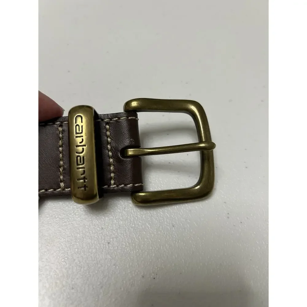 Carhartt Brown Leather Belt, Logo Brass Colored Buckle 2200 Size 44